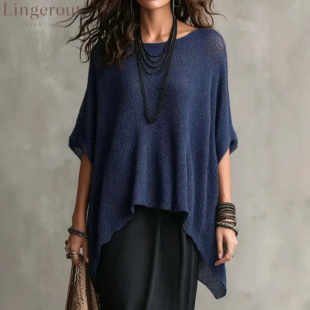 Open Knit Asymmetrical High Low Batwing Oversized Tunic Top - Blue / S