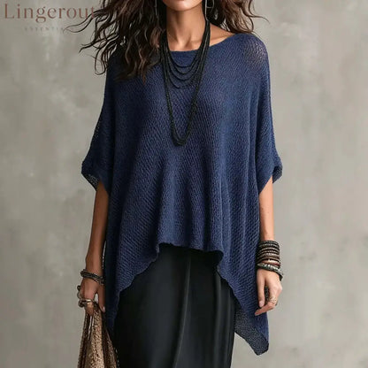 Open Knit Asymmetrical High Low Batwing Oversized Tunic Top - Blue / S