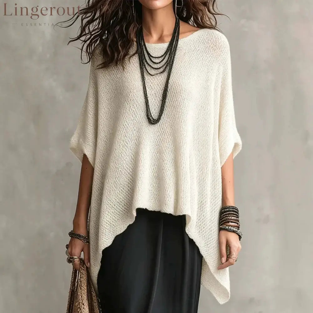 Open Knit Asymmetrical High Low Batwing Oversized Tunic Top - White / S