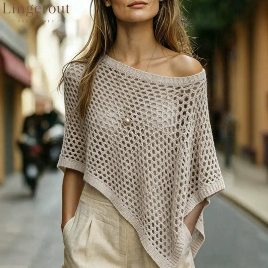 Open‑Knit Off‑Shoulder Asymmetric Poncho Sweater Top