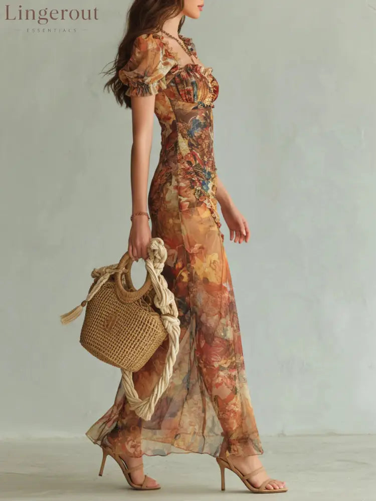 Orange Bohemian Holiday Oil Painting Print Chiffon Maxi Dress