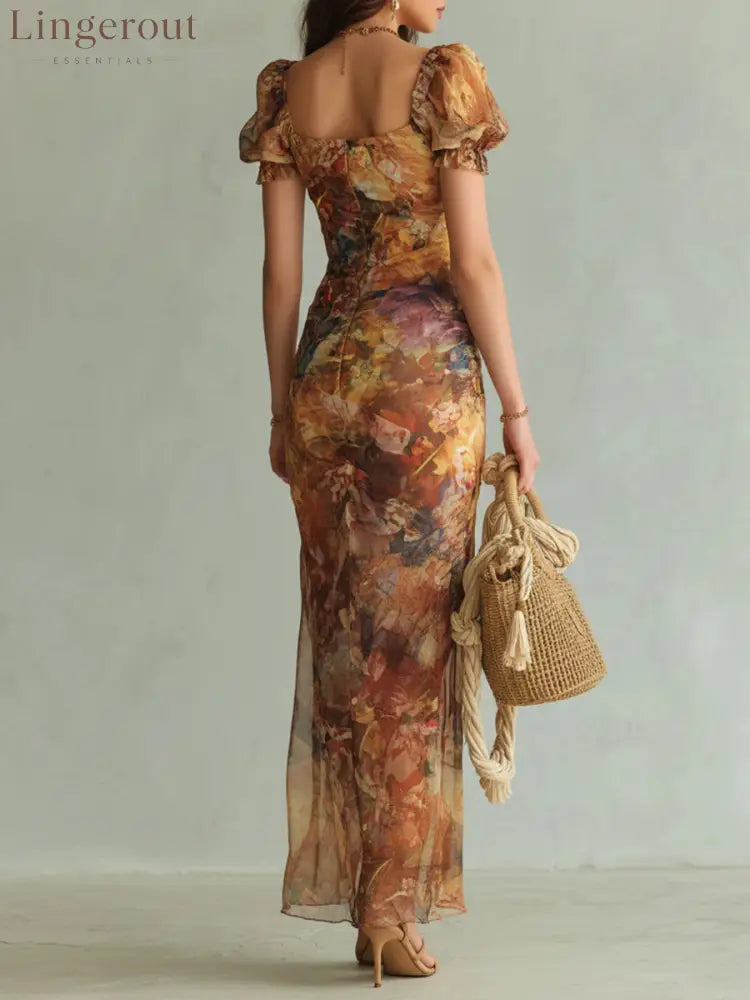 Orange Bohemian Holiday Oil Painting Print Chiffon Maxi Dress
