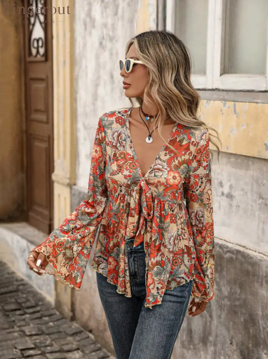 Orange Boho Women’s Paisley Print Mesh Long Sleeve Tie Front Asymmetric top
