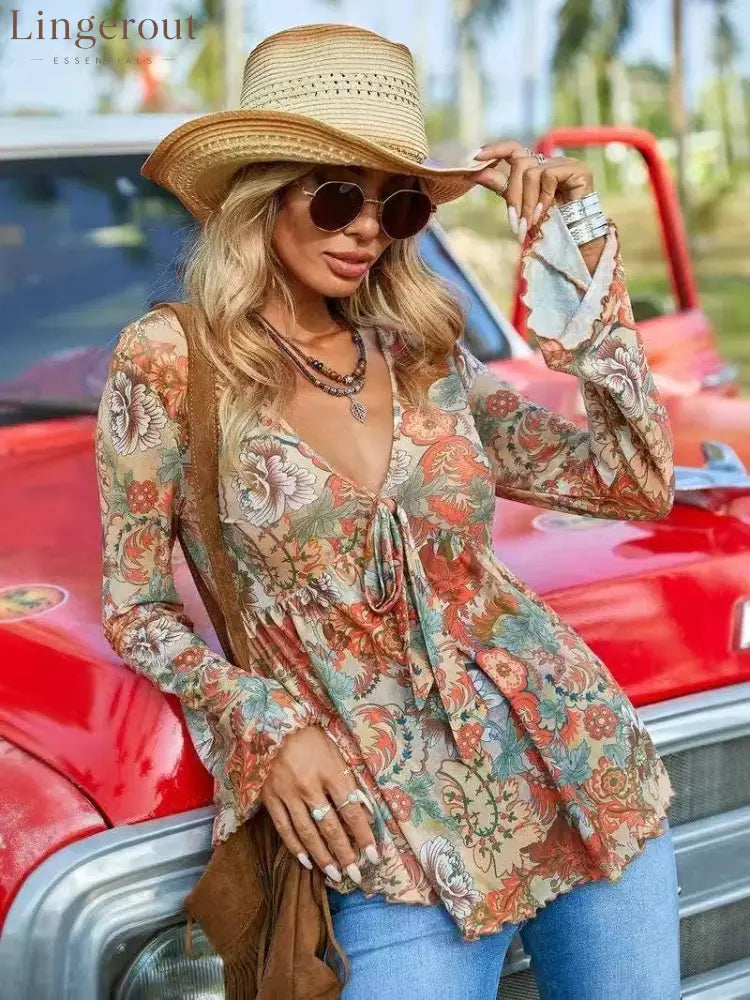 Orange Boho Women’s Paisley Print Mesh Long Sleeve Tie Front Asymmetric top - orange / S