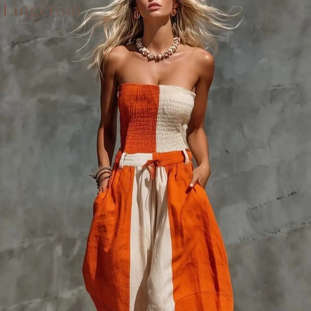 Orange White Vertical Color Block Smocked Strapless Linen Jumpsuit
