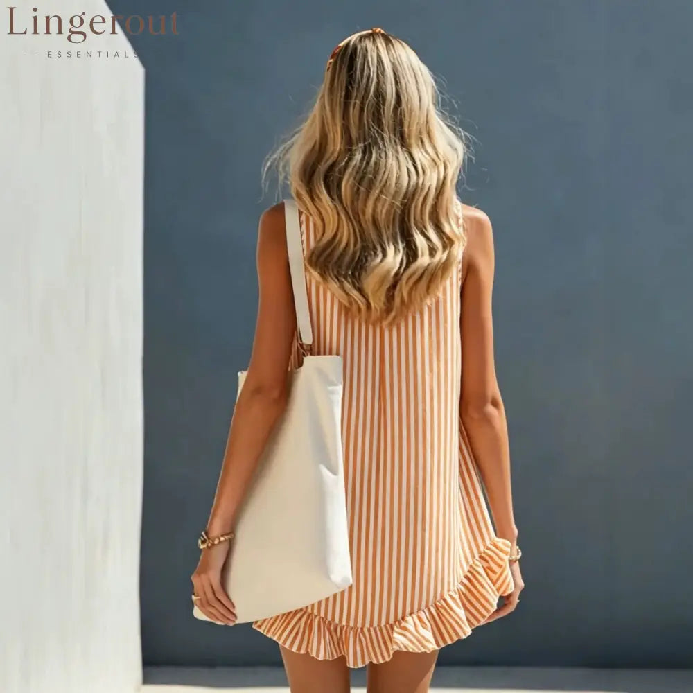 Orange White Vertical Stripe Spaghetti Strap Ruffle Hem Mini Dress
