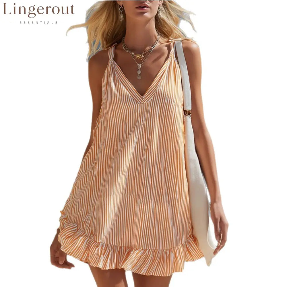 Orange White Vertical Stripe Spaghetti Strap Ruffle Hem Mini Dress