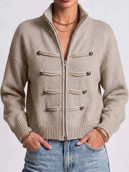 Women's Solid Color Stand Collar Long Sleeve Casual Loose Knit Cardigan