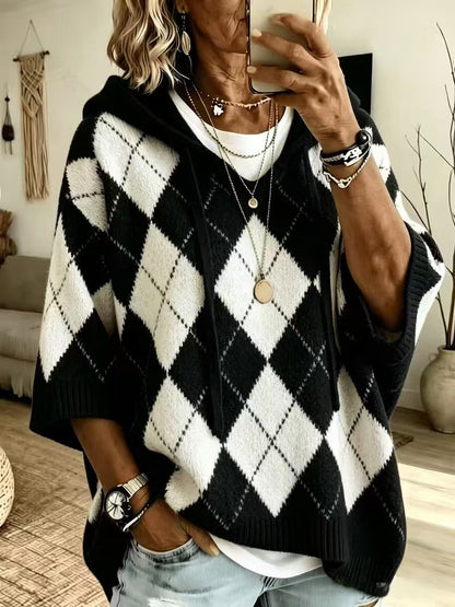 Women's Argyle 3/4 Sleeve Drawstring Hooded Knit Sweater