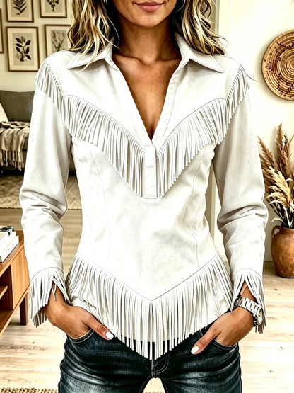 Women's Western Fringe Suede Pointed Hem Top