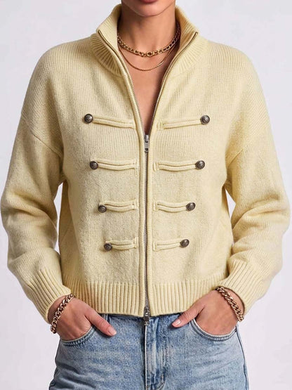 Women's Solid Color Stand Collar Long Sleeve Casual Loose Knit Cardigan