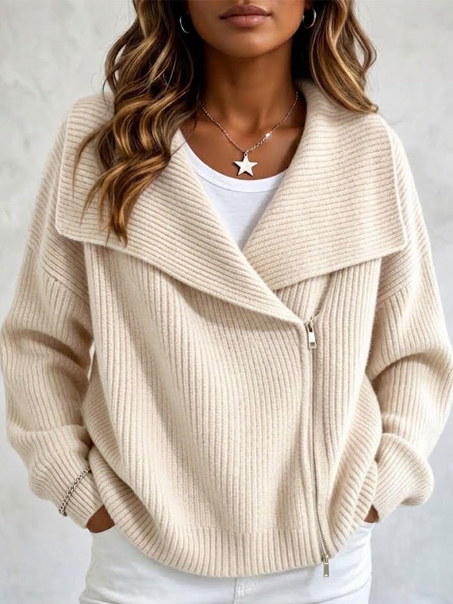 Women's Large Collar Asymmetric Zip Long Sleeve Ribbed Knit Sweater Jacket