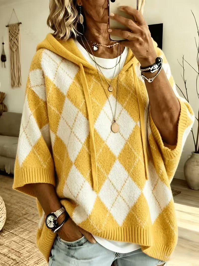 Women's Argyle 3/4 Sleeve Drawstring Hooded Knit Sweater