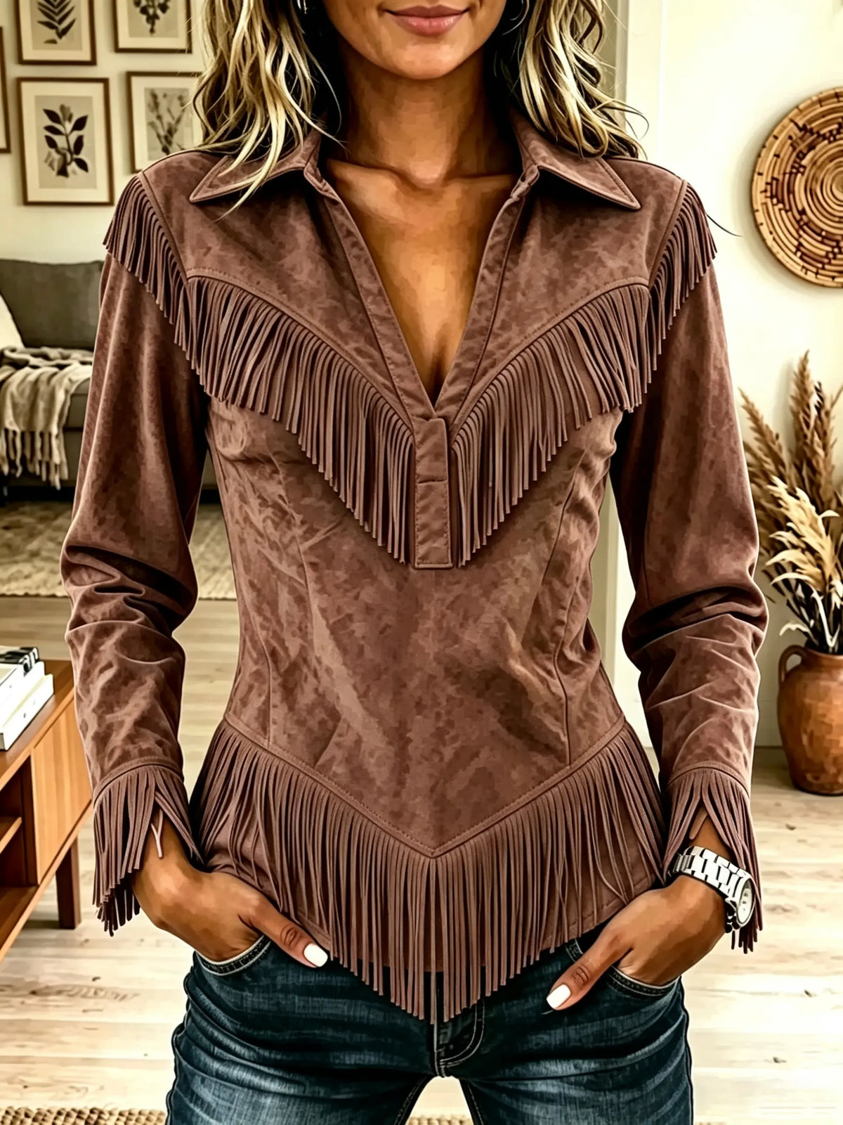 Women's Western Fringe Suede Pointed Hem Top