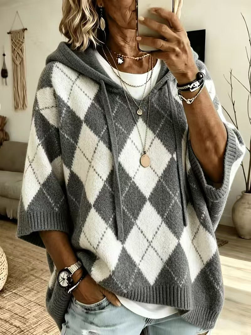 Women's Argyle 3/4 Sleeve Drawstring Hooded Knit Sweater