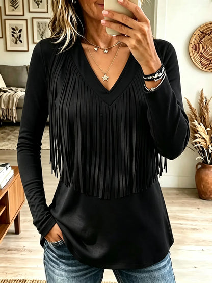 Women's V-Neck Tassel Fringe Long-Sleeve Top