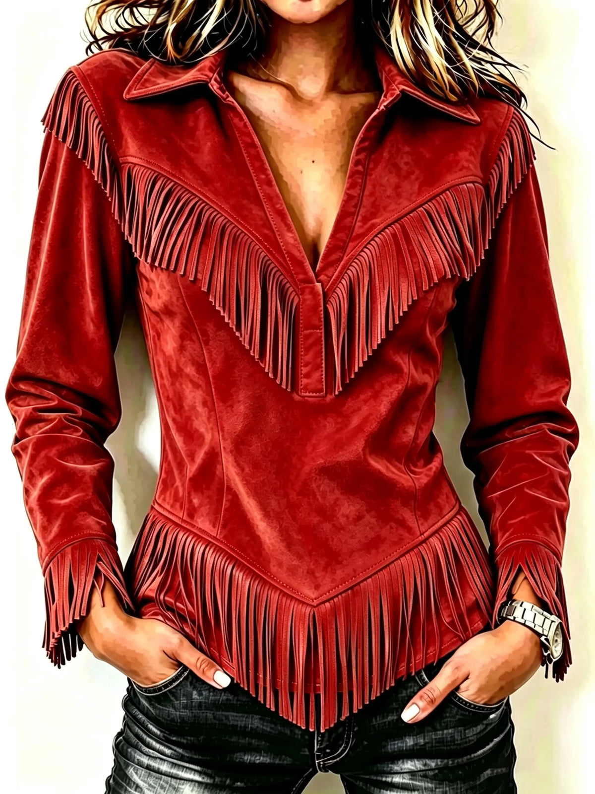 Women's Western Fringe Suede Pointed Hem Top