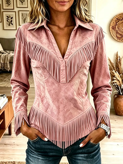 Women's Western Fringe Suede Pointed Hem Top