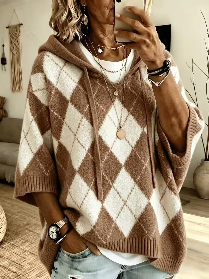 Women's Argyle 3/4 Sleeve Drawstring Hooded Knit Sweater