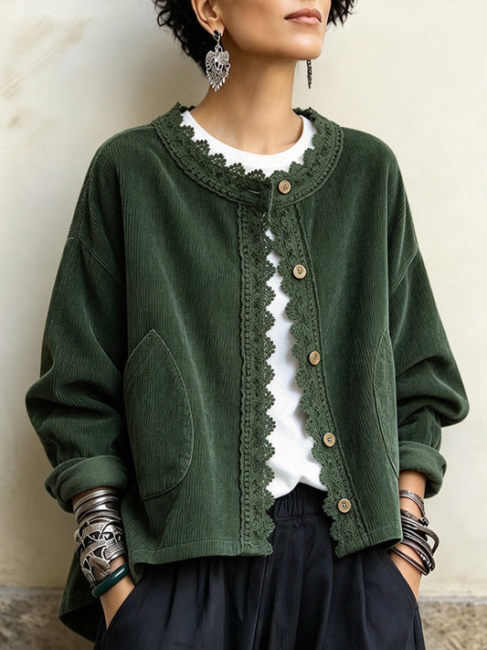Vintage-style Casual Corduroy Jacket With Lace Trim