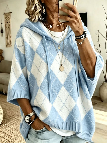 Women's Argyle 3/4 Sleeve Drawstring Hooded Knit Sweater
