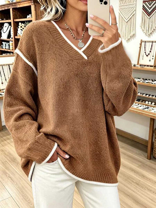 Casual Oversized V-neck Knit Sweater With Contrast Piping