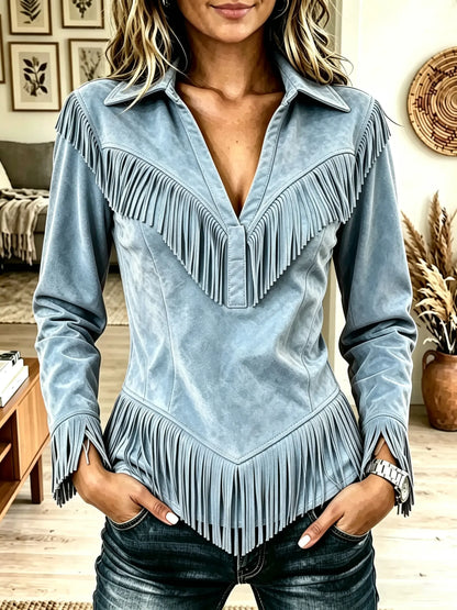 Women's Western Fringe Suede Pointed Hem Top