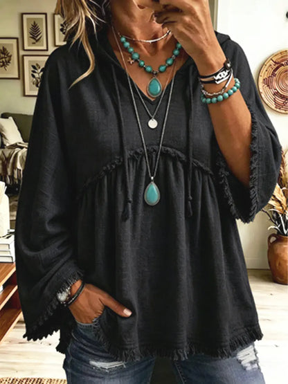 Retro Hooded Loose Art Casual Stylish 3/4 Sleeve Cotton Shirt