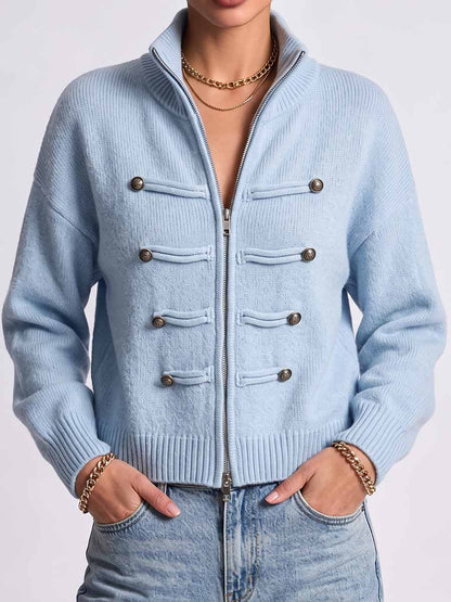 Women's Solid Color Stand Collar Long Sleeve Casual Loose Knit Cardigan