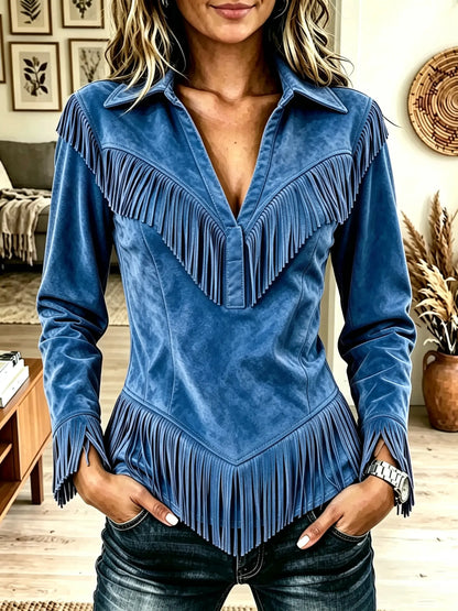 Women's Western Fringe Suede Pointed Hem Top
