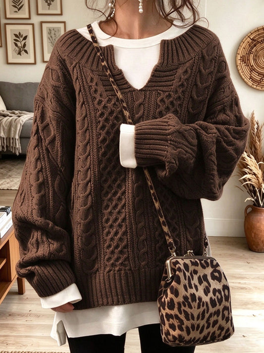 Women's Brown V-neck Cable Knit Oversized Pullover Sweater With Layered Mock Tee
