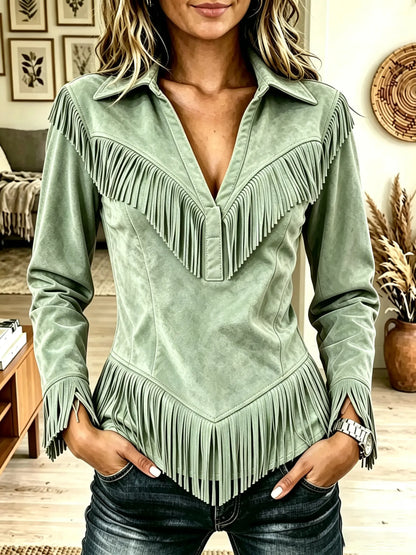 Women's Western Fringe Suede Pointed Hem Top