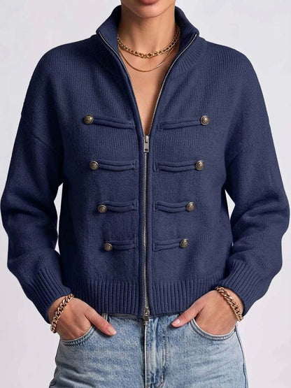 Women's Solid Color Stand Collar Long Sleeve Casual Loose Knit Cardigan