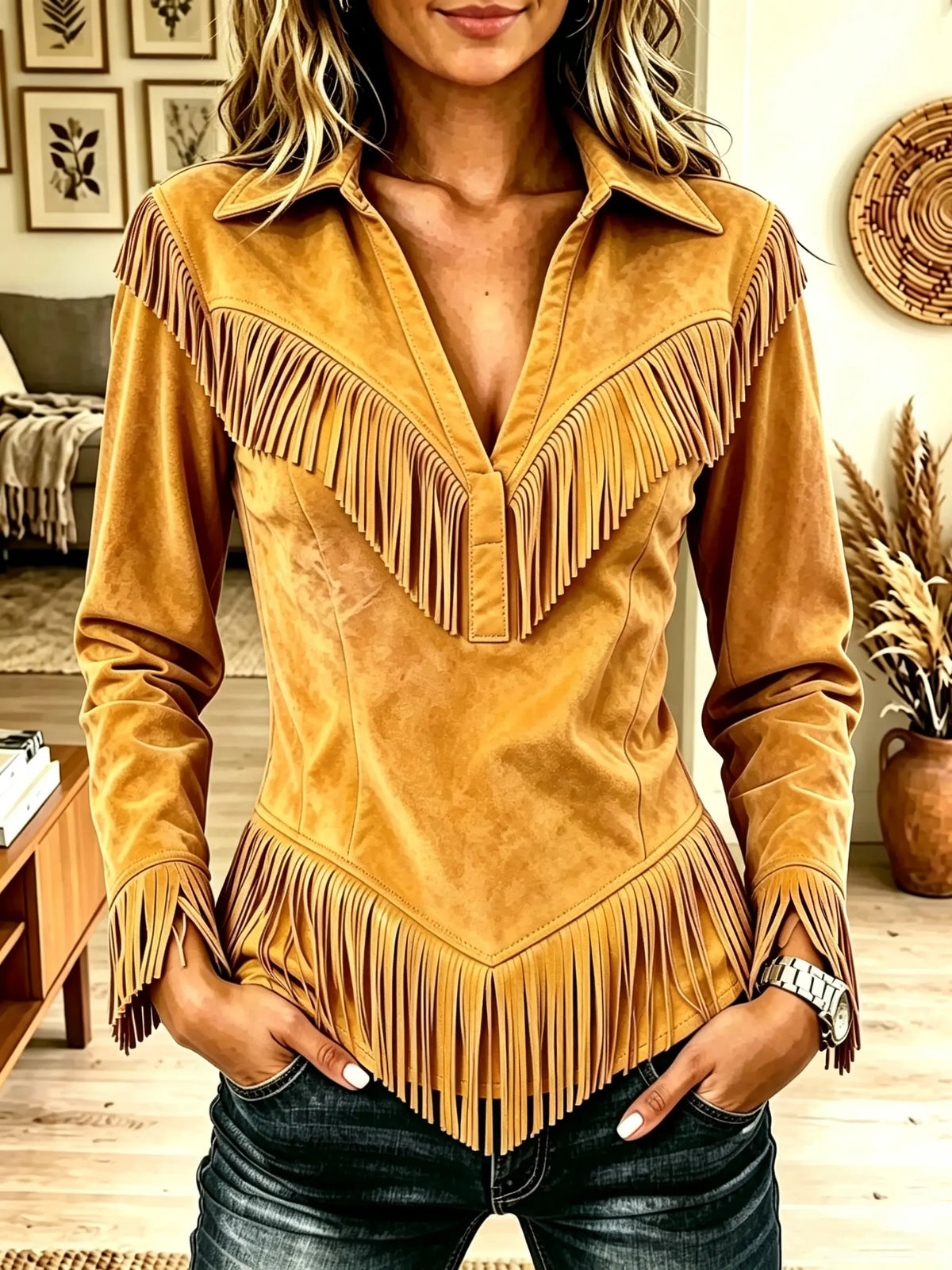 Women's Western Fringe Suede Pointed Hem Top