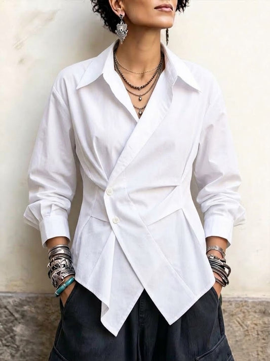 Chic Asymmetric Wrap-style Cotton Shirt