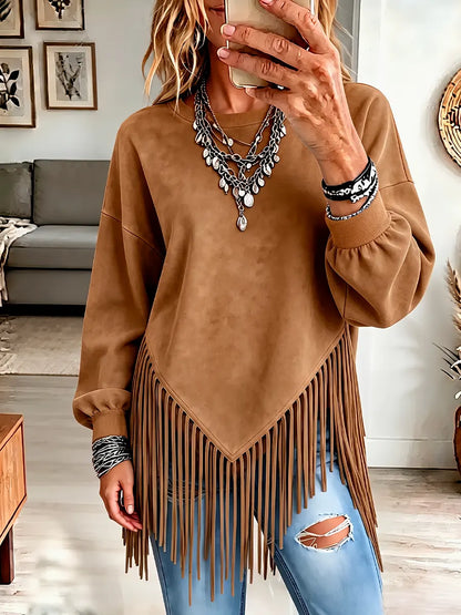 Vintage Elegant Round Neck Patchwork Tassel Suede Shirt
