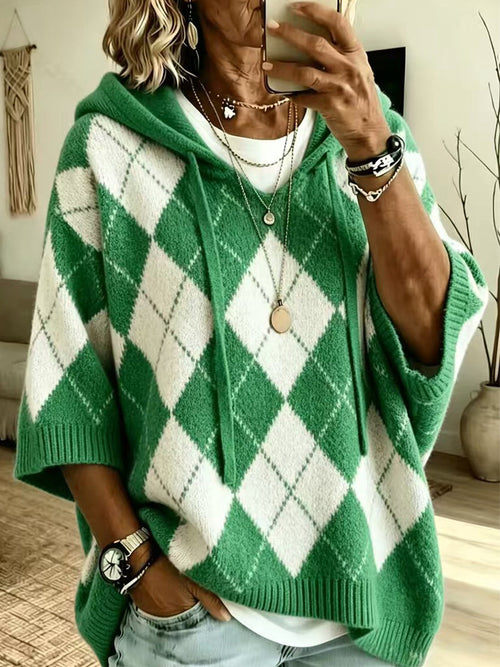 Women's Argyle 3/4 Sleeve Drawstring Hooded Knit Sweater