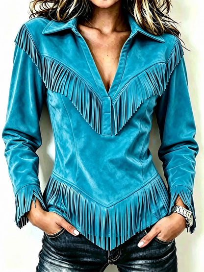 Women's Western Fringe Suede Pointed Hem Top