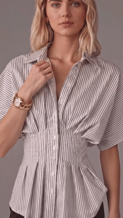 Striped Collared Flutter Sleeve Cinched Waist Peplum Shirt