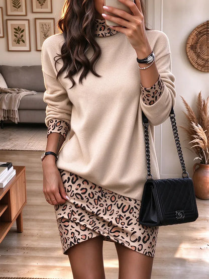 Women's Long Sleeve Turtleneck Leopard Print Patchwork Mini Dress