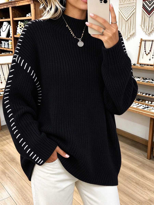 Oversized Black Chunky Knit Sweater with Contrast Stitching