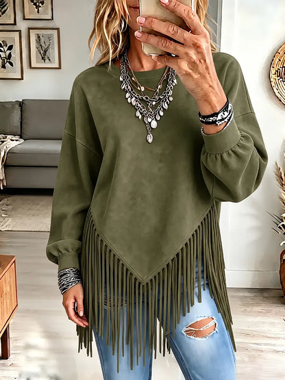 Vintage Elegant Round Neck Patchwork Tassel Suede Shirt