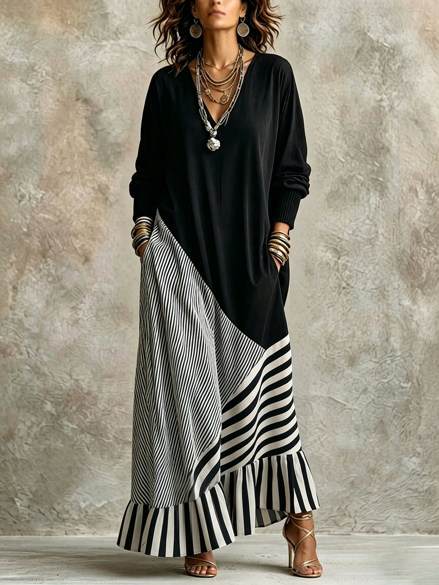 Chic Elegant Stretchy Black And Striped Maxi Dress