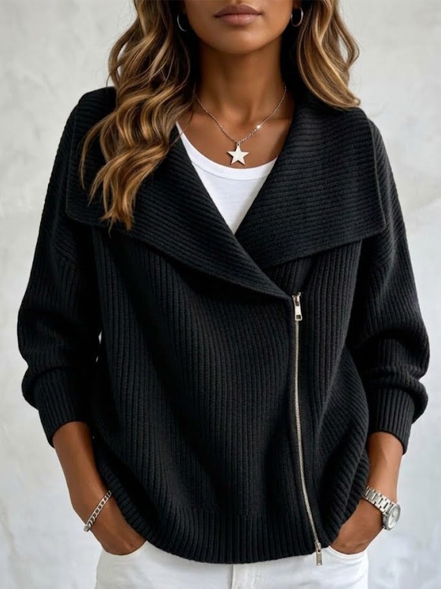 Women's Large Collar Asymmetric Zip Long Sleeve Ribbed Knit Sweater Jacket