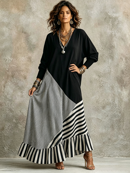 Chic Elegant Stretchy Black And Striped Maxi Dress