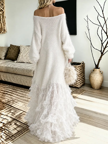 Women's Off Shoulder Fuzzy Knit Maxi Dress