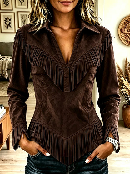 Women's Western Fringe Suede Pointed Hem Top