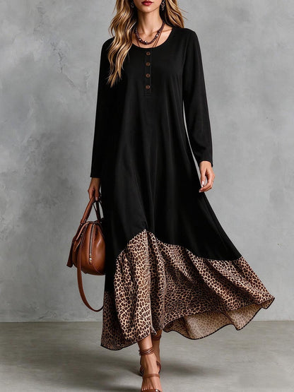 Women's Long Sleeve Black Maxi Dress With Leopard Print Ruffle Hem