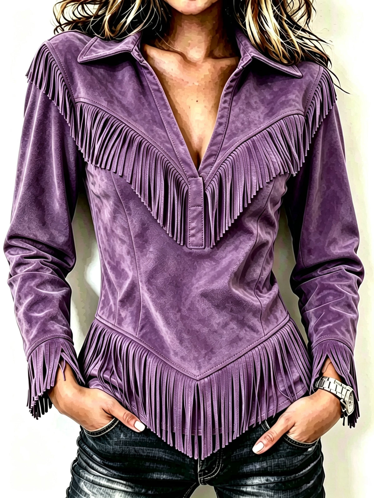 Women's Western Fringe Suede Pointed Hem Top