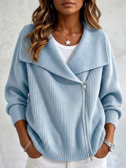 Women's Large Collar Asymmetric Zip Long Sleeve Ribbed Knit Sweater Jacket